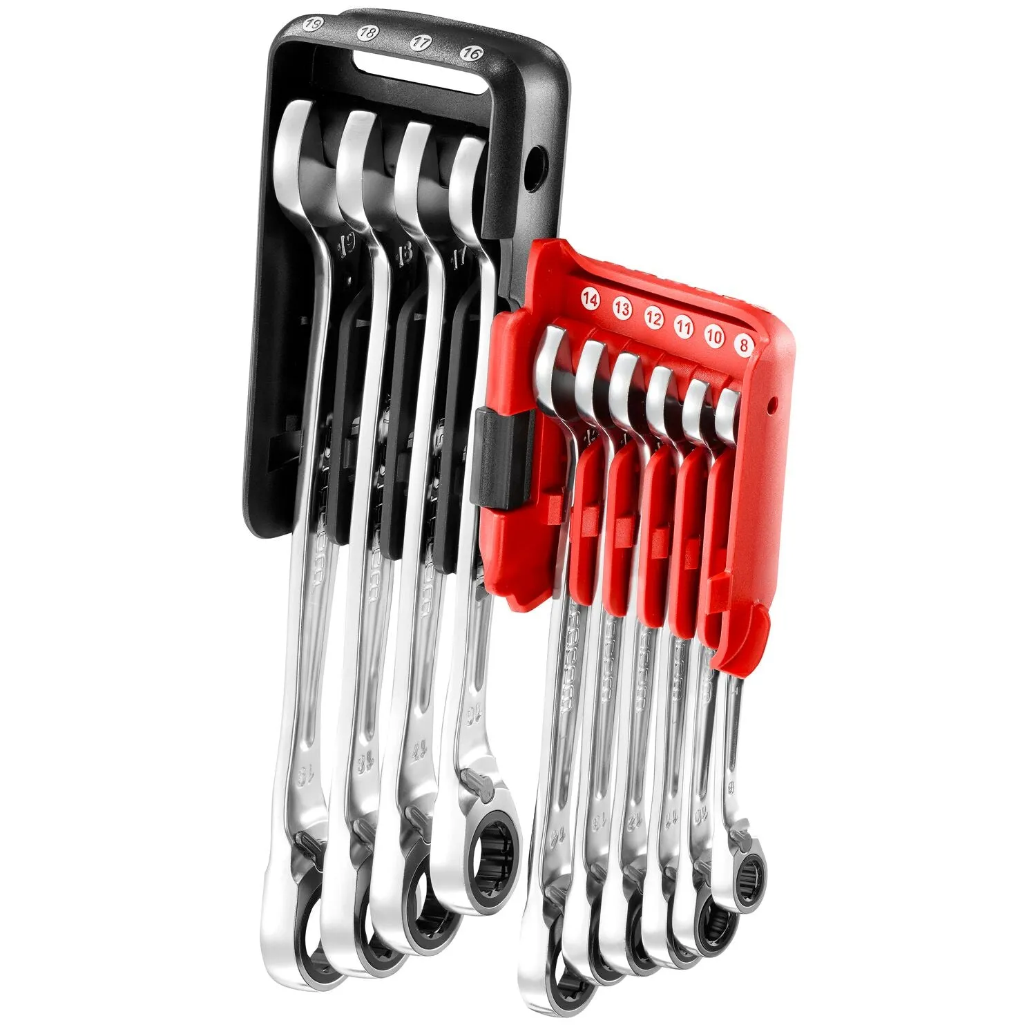 FACOM ANTISLIP RINGSTEEKSLEUTELSET MET RATEL EN SNELLE VORK IN HOUDER  10DELIG  467BR.JP10PB