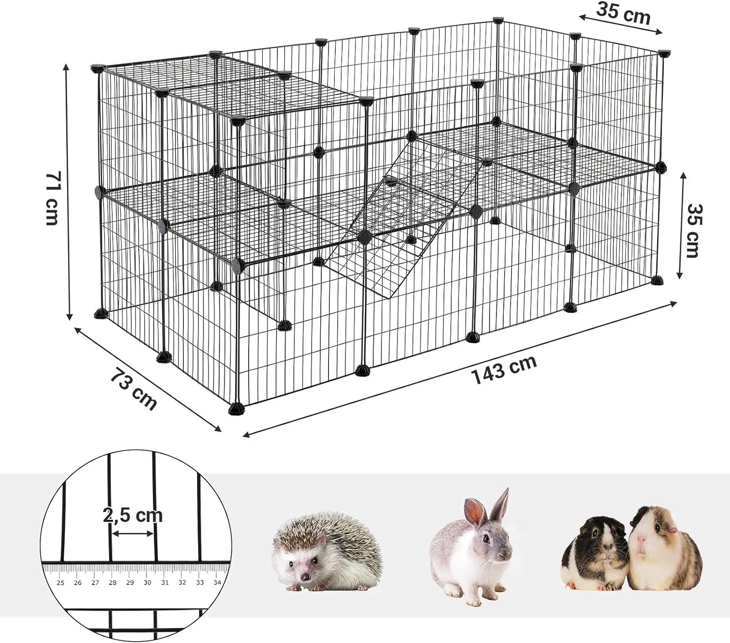 KOOI, 36 PLATEN, 2 NIVEAUS, BOX VOOR KLEINE DIEREN EN CAVIA’S, INCL. RUBBEREN HAMER, VOOR BINNEN, VERSTELBAAR,  TE MO