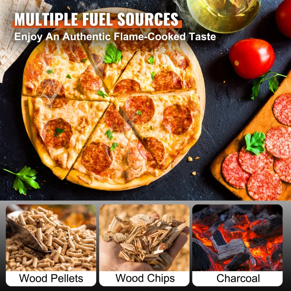 VEVOR Outdoor Draagbare Pizza Oven 304.8mm, Gas Houtpellets Houtskool Pizza Oven, RVS Pizza Oven, Max 540℃ Houtpellet Schep &