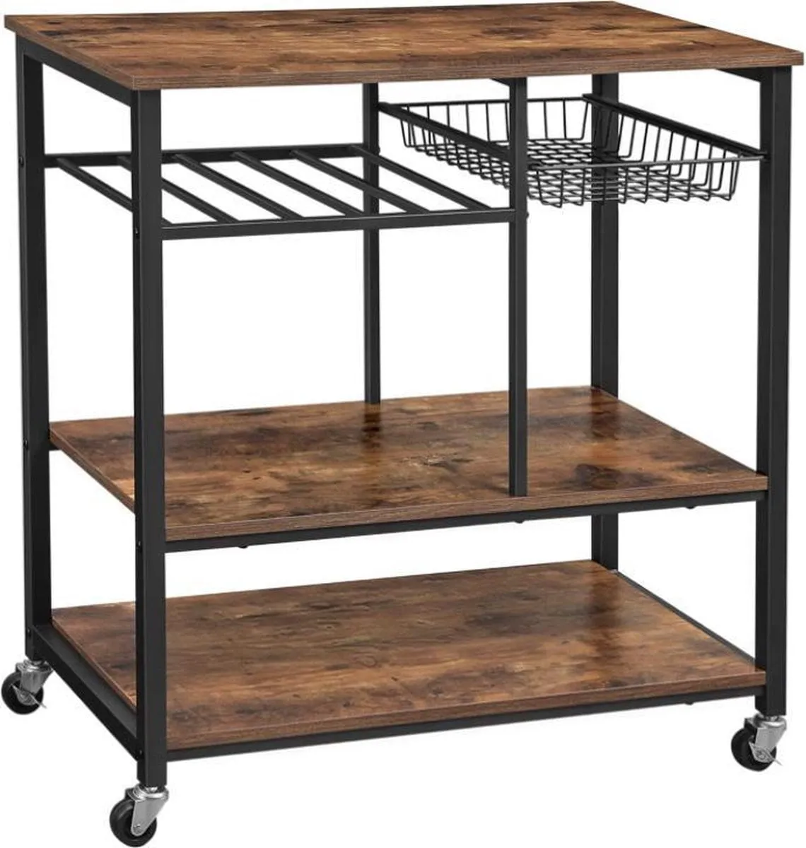 ZAZA HOME KEUKENPLANK MET METALEN KORF EN FLESSENHOUDER, WIJNREK, SERVEERWAGEN, KEUKENWAGEN, WAGEN MET 3 PLANKEN, 80 X 40 X 86,